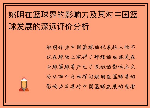 姚明在篮球界的影响力及其对中国篮球发展的深远评价分析